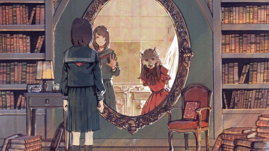 图书馆镜中少女与狐面女孩暖金奇幻电脑壁纸