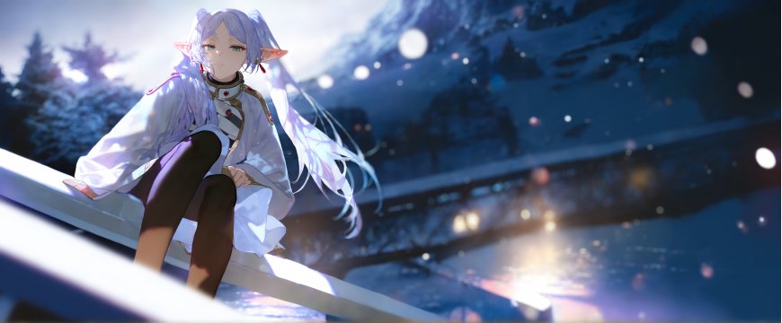 银发精灵少女雪景坐栏蓝紫动漫电脑壁纸