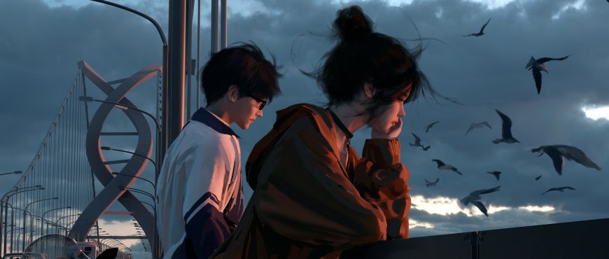 桥上少年少女凝望飞鸟蓝灰动漫电脑壁纸