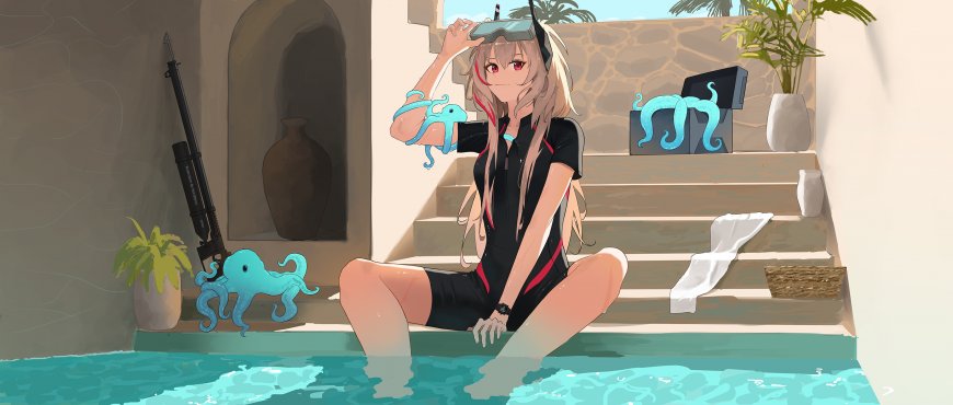 泳装少女戴潜水面镜蓝白动漫电脑壁纸