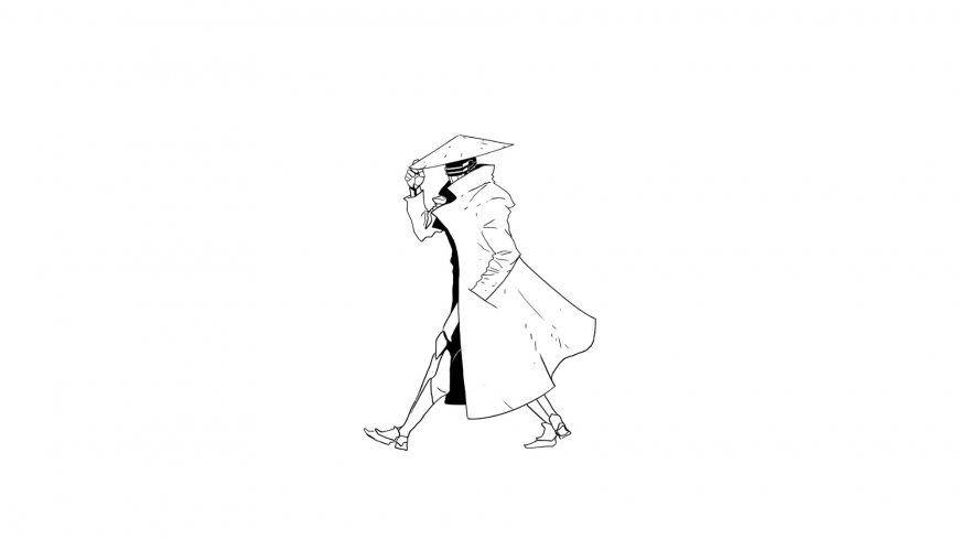 戴斗笠长袍神秘人物黑白线条动漫电脑壁纸