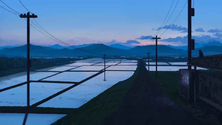 稻田小径暮色山影蓝紫风景插画电脑壁纸