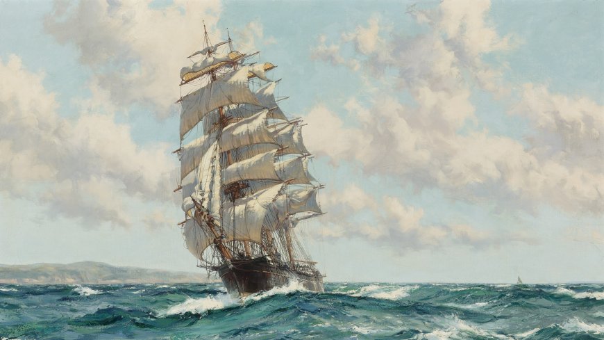 帆船破浪航行蓝绿海面古典油画风景插画电脑壁纸