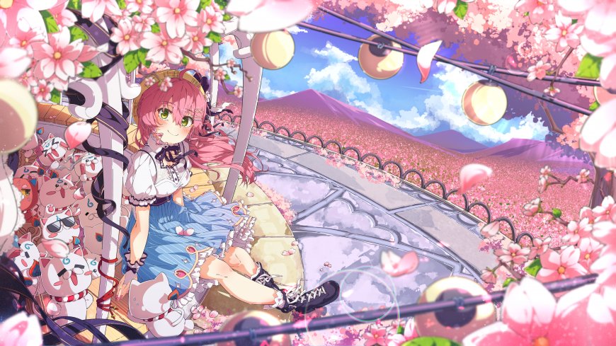 粉发绿眼少女樱花桥畔粉紫动漫电脑壁纸
