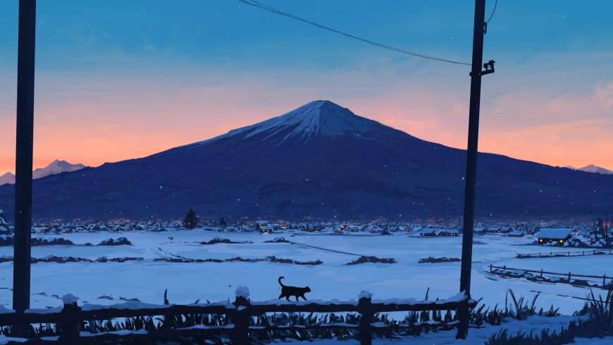 富士山雪景小镇黄昏蓝紫猫猫治愈插画电脑壁纸