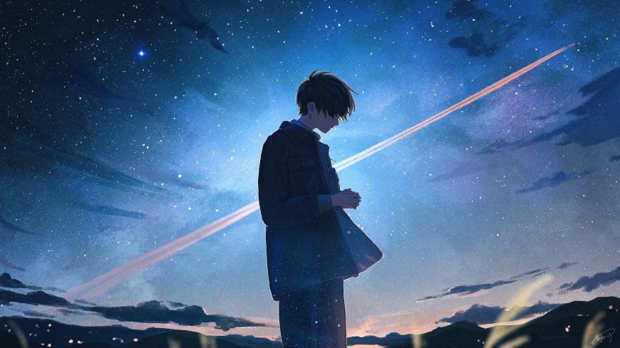 少年仰望流星划过深蓝星空动漫电脑壁纸