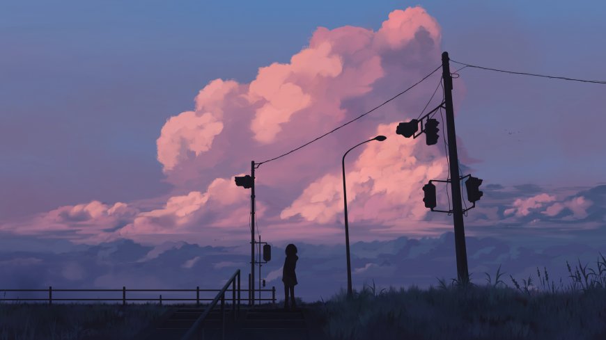 少女仰望粉紫云霞黄昏风景插画电脑壁纸
