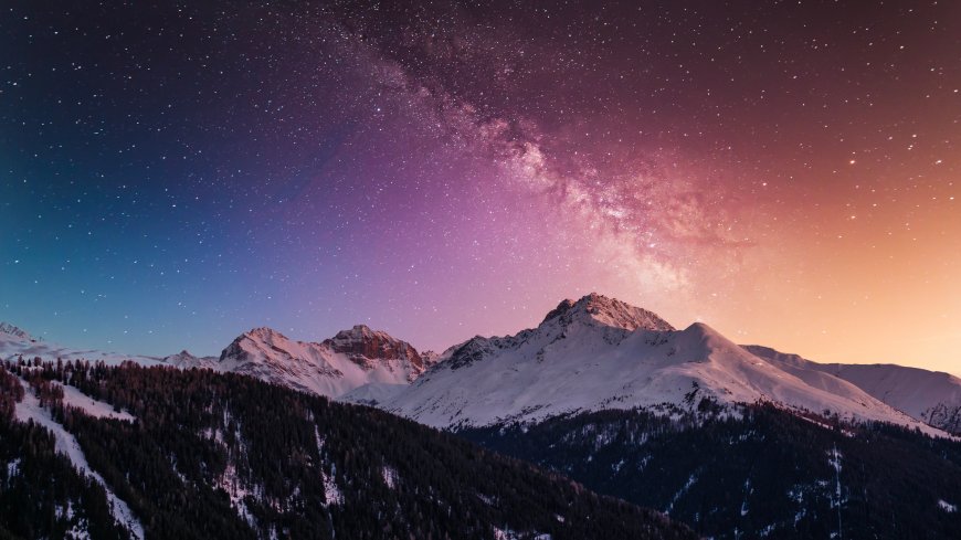 雪山星空银河紫橙高清风景电脑壁纸