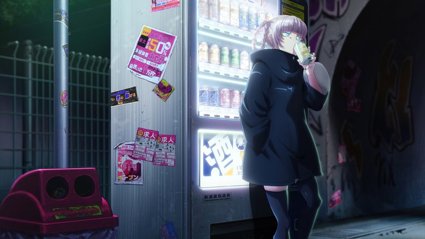 夜晚街头紫发少女喝饮料蓝黑动漫电脑壁纸