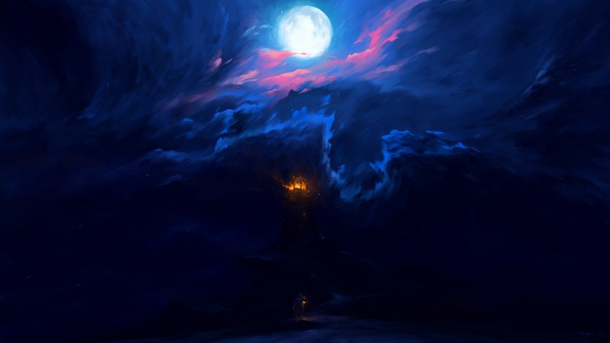 月夜孤塔灯火通明蓝紫奇幻电脑壁纸