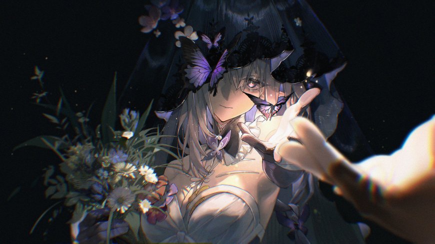 紫蝶少女持花伸手暗紫奇幻动漫电脑壁纸