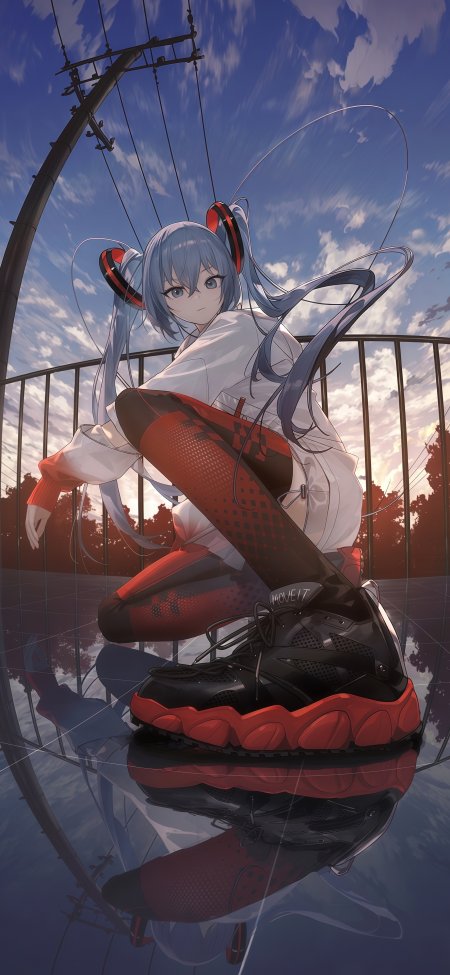初音未来蓝发红鞋少女仰视蓝天动漫手机壁纸