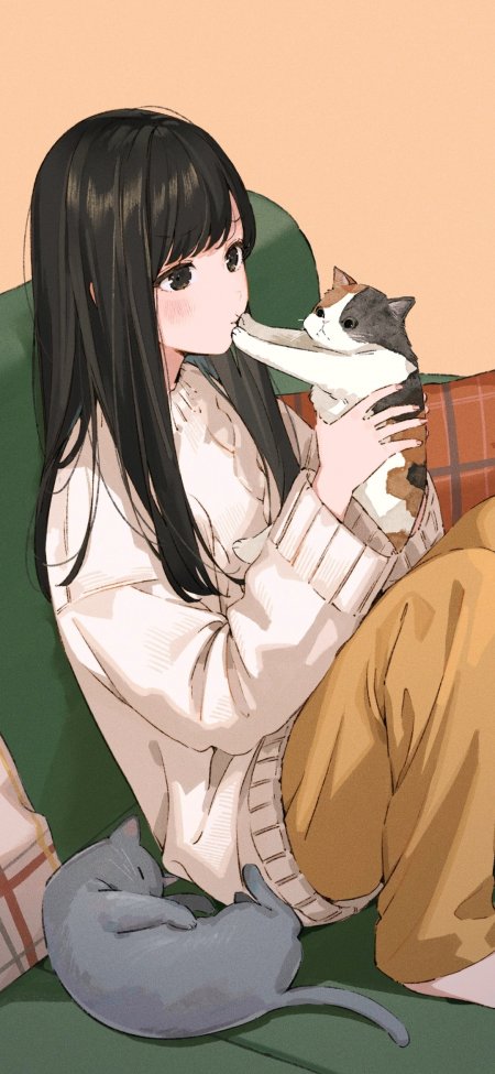 黑发少女抱三花猫亲昵暖棕动漫手机壁纸