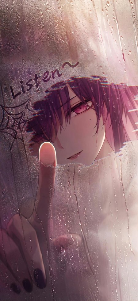 紫发少女雨窗触屏粉紫动漫手机壁纸