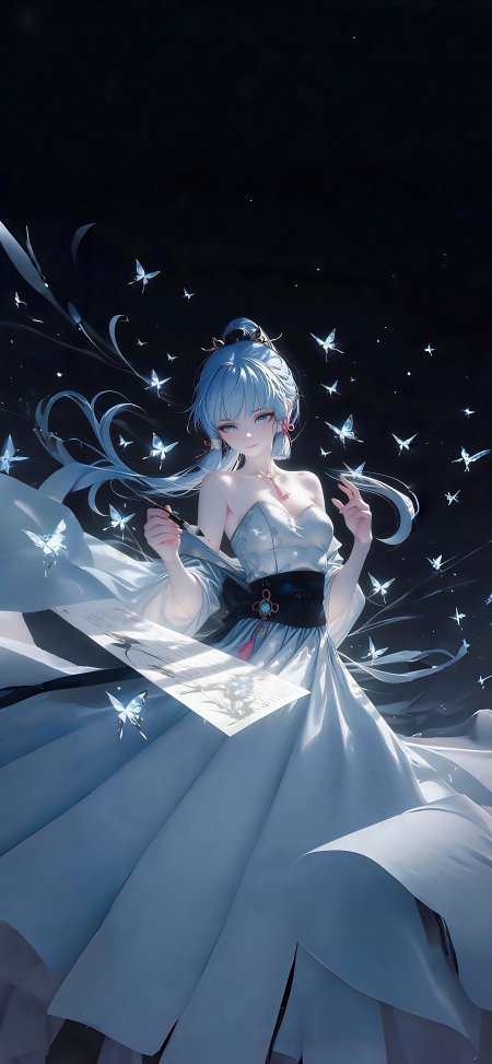 银发少女执笔蝶舞蓝白古风动漫手机壁纸