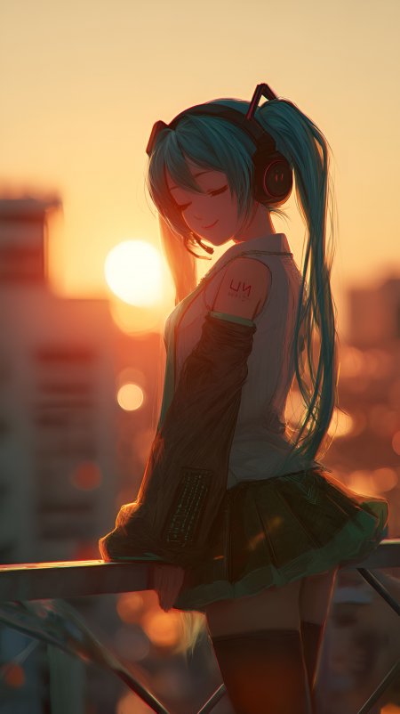 初音未来蓝发双马尾夕阳城市动漫手机壁纸