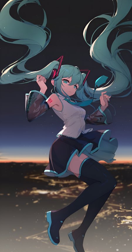 初音未来青发双马尾夜空跃动蓝紫动漫手机壁