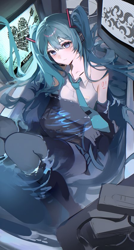 初音未来蓝发双马尾水下坐姿蓝灰动漫手机壁纸