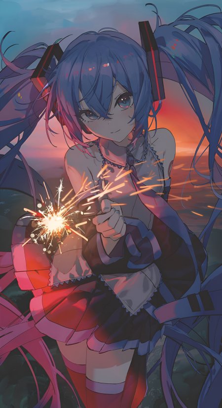 初音未来手持烟花蓝紫渐变动漫手机壁纸