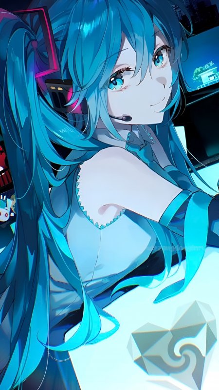 初音未来蓝发耳机微笑蓝白动漫手机壁纸