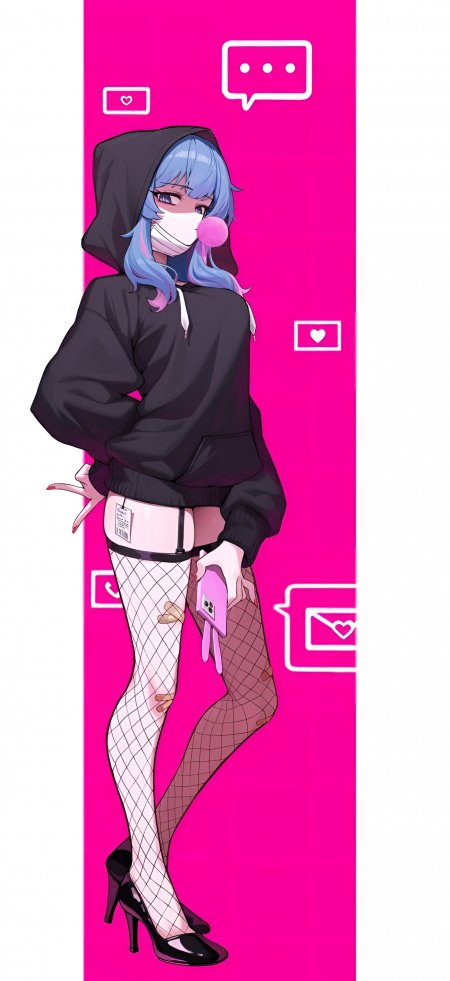 蓝发少女黑卫衣泡泡糖粉紫动漫手机壁纸