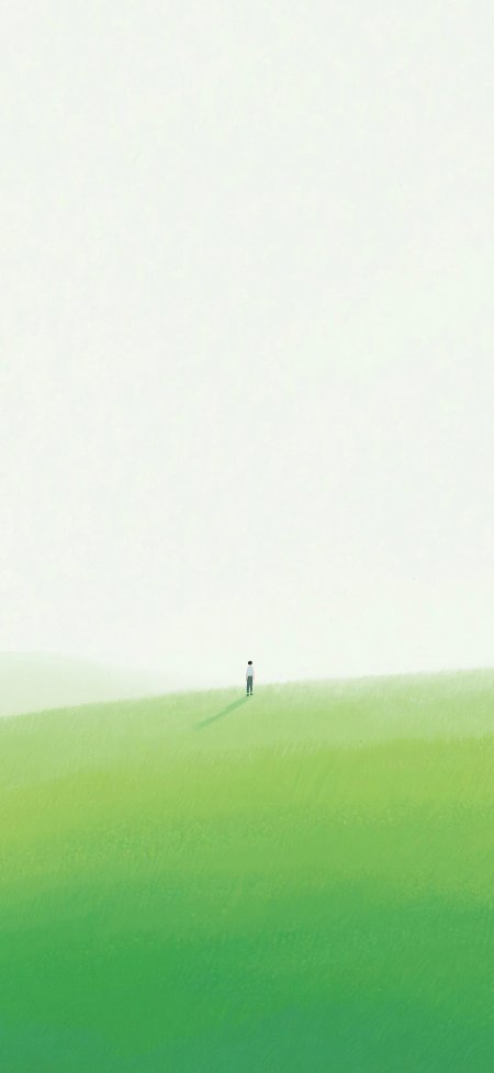 绿野孤影少年伫立青绿风景手机壁纸