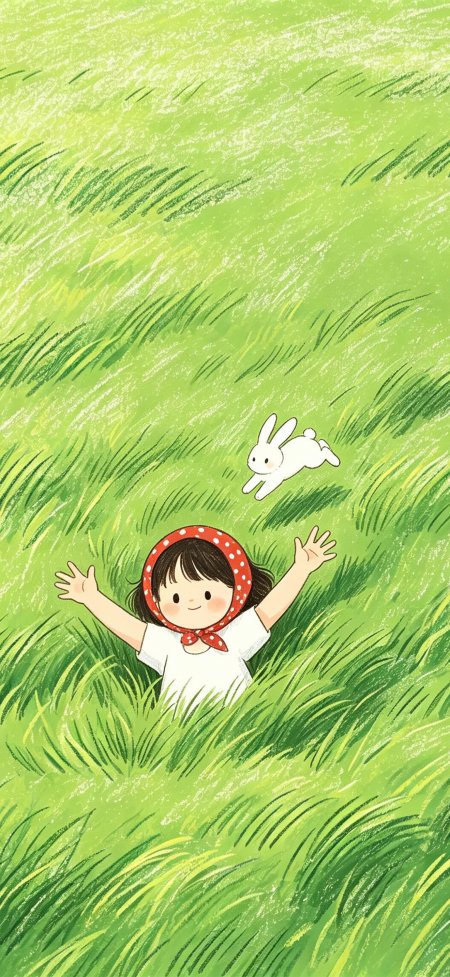 小女孩红头巾草地追兔嫩绿插画手机壁纸