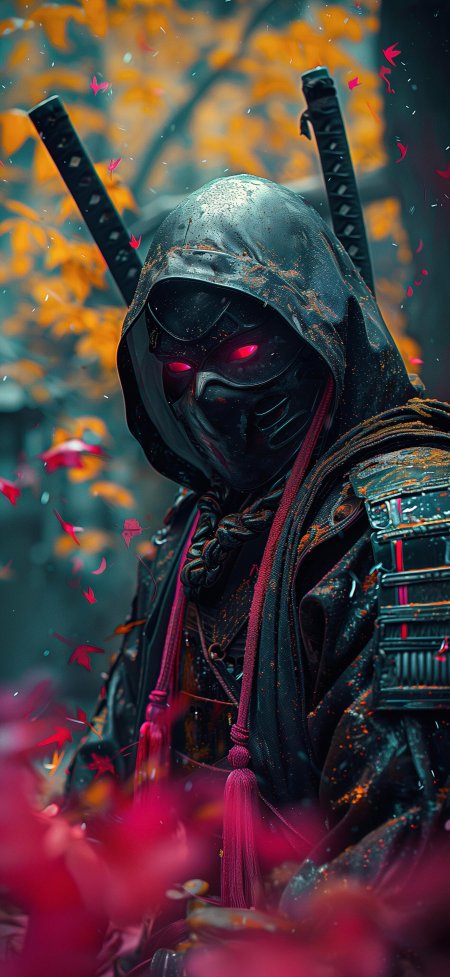 黑衣忍者红眼双刀暗红奇幻手机壁纸
