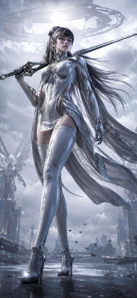 银甲少女持剑伫立冷银科幻手机壁纸