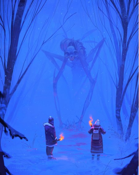 雪夜森林巨怪现身蓝紫奇幻手机壁纸