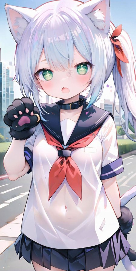 猫耳少女水手服绿眼银发动漫手机壁纸