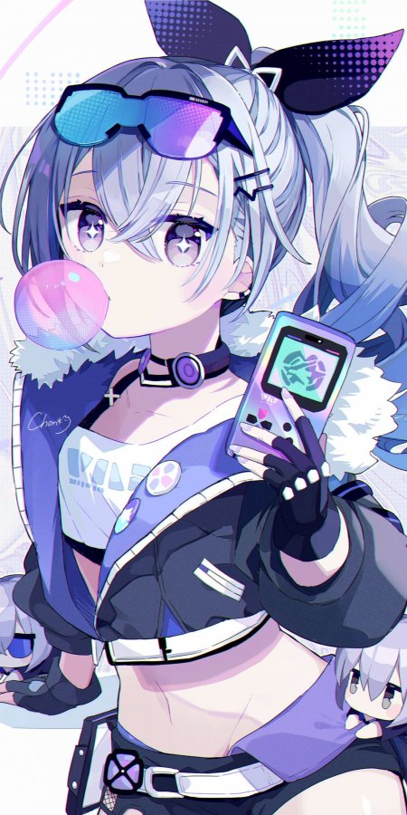 银发少女吹泡泡紫蓝渐变动漫手机壁纸