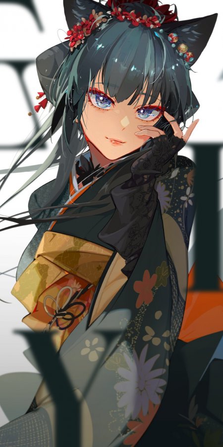 猫耳少女和风服饰蓝紫动漫手机壁纸