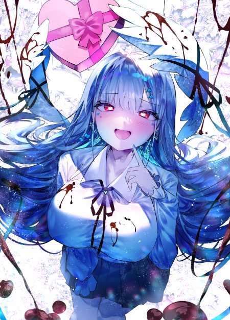 蓝发红瞳少女粉心礼盒梦幻动漫手机壁纸