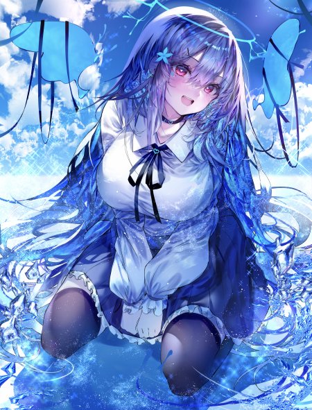 蓝发少女水母环绕蓝紫梦幻动漫手机壁纸