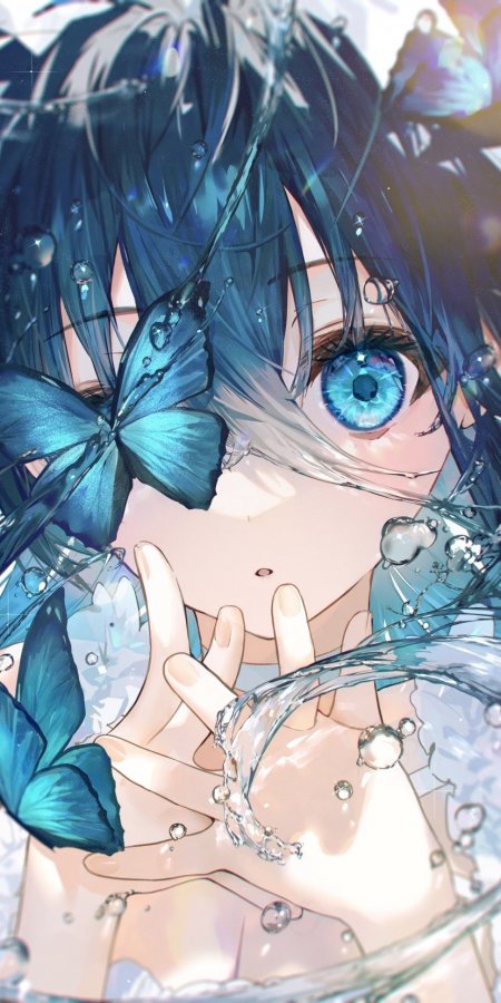 蓝发少女水珠蝴蝶蓝瞳动漫手机壁纸
