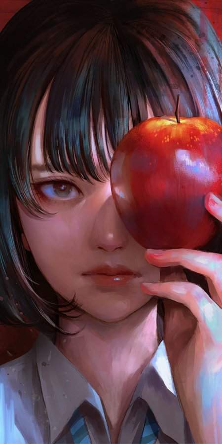 黑发少女手持红苹果粉紫动漫手机壁纸