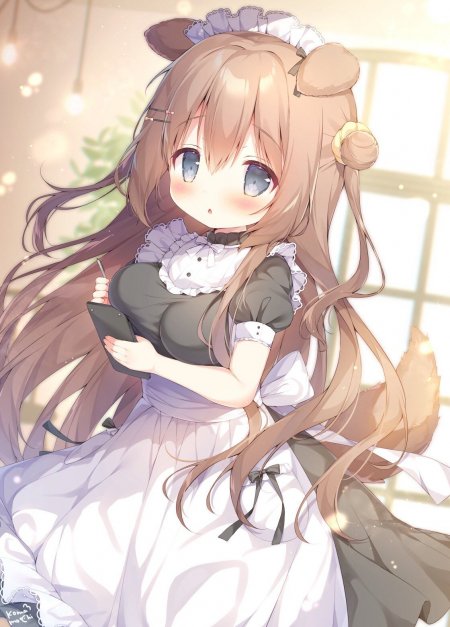 动漫少女女仆装手持平板暖金唯美手机壁纸