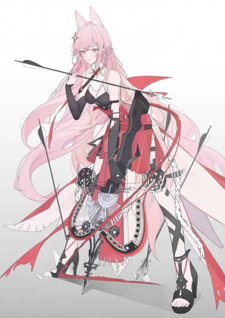 粉色长发狐耳少女持弓红黑机械风动漫手机壁