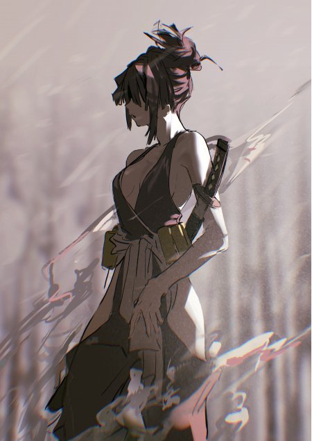黑发武士持刀侧立灰粉动漫手机壁纸