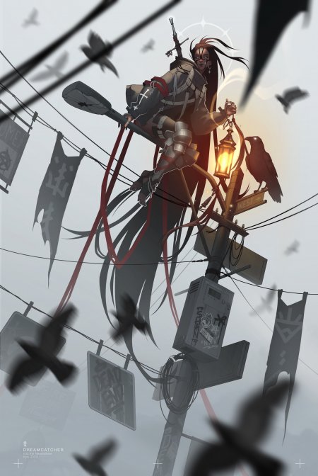 梦魇捕手少女持灯栖电线暗灰奇幻动漫手机壁