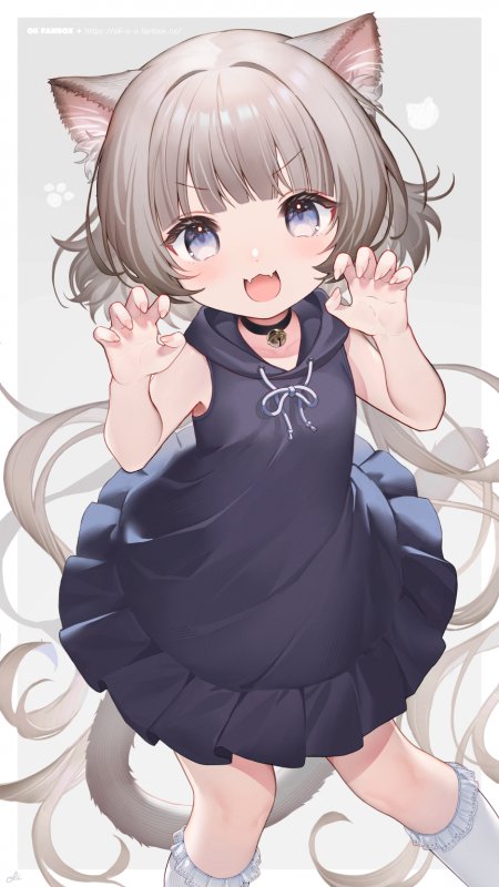 猫耳少女灰发蓝眼黑裙萌系动漫手机壁纸