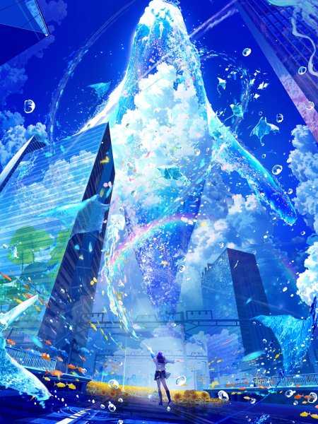水鲸跃空都市少女蓝紫奇幻动漫手机壁纸
