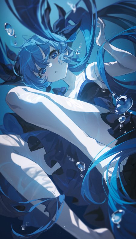 初音未来水下漂浮蓝白动漫手机壁纸