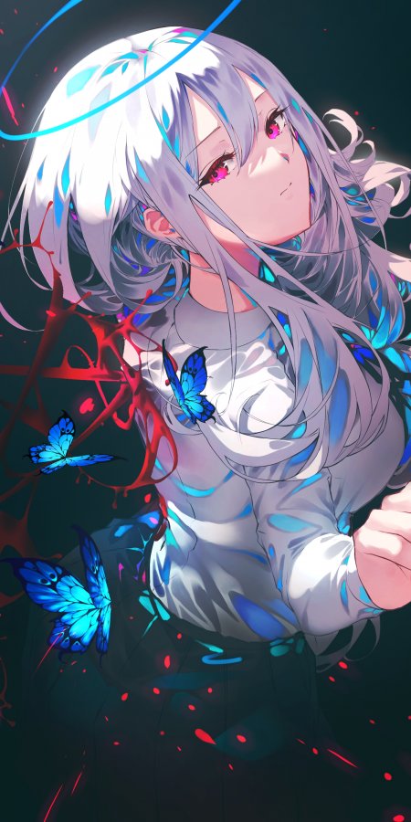 银发粉瞳少女蓝蝶环绕暗红蓝紫动漫手机壁纸