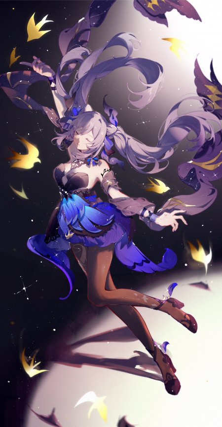 原神刻晴紫发蓝裙星鸟环绕紫金动漫手机壁纸