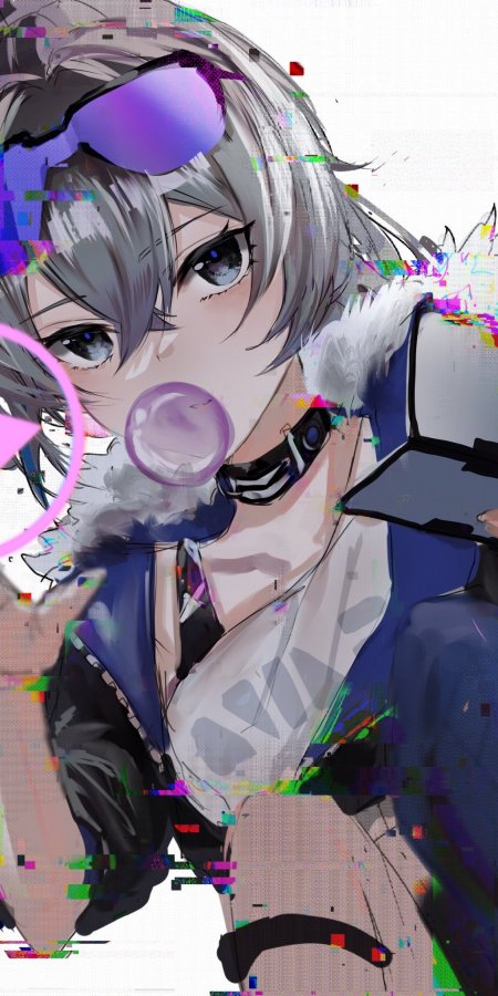 银发少女紫镜吹泡glitch风动漫手机壁