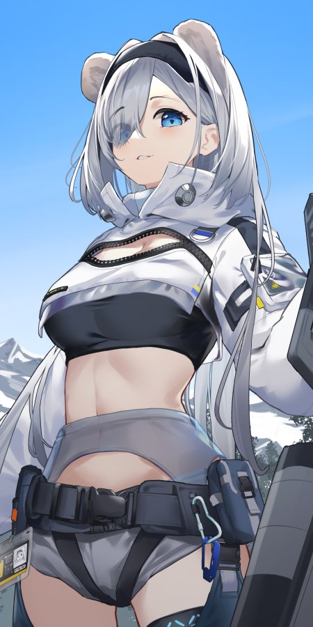 银发蓝眼熊耳少女白灰战服动漫手机壁纸