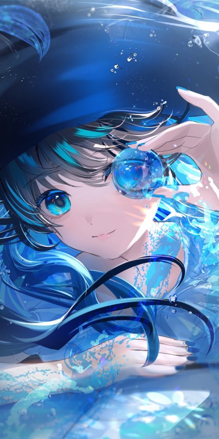 蓝发少女水中捧泡蓝白动漫手机壁纸