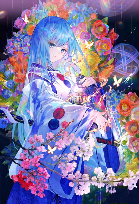 蓝发少女持灯花海环绕粉紫梦幻动漫手机壁纸